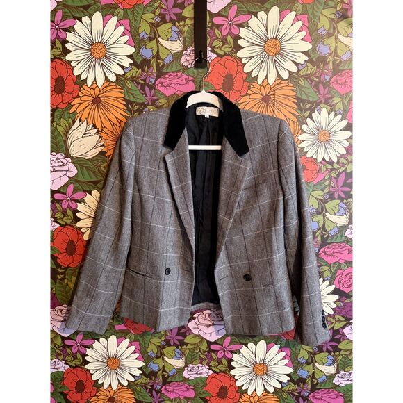 Vintage 1980s Cassidy Blazer Jacket Wool Herringbone Plaid Velvet Collar Size 6 - Picture 2 of 4